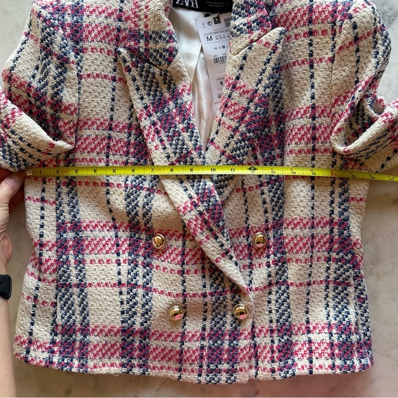 Zara blue, pink and cream plaid tweed double breasted blazer. NWT size M - Picture 8 of 10